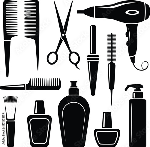A Stylized Vector Illustration Featuring Eleven Essential Salon Items Including Wide and Fine-Toothed Combs, Scissors, Hairdryer, Curling Iron, Straight Razor, Brush, Pump Bottle, Standard Bottle,