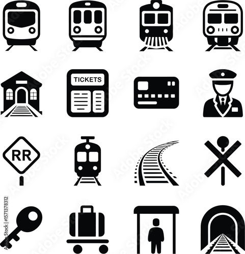 Train and Railway Infrastructure in Monochrome: A Stylized Vector Illustration Featuring Sixteen Black and White Icons Representing Core Elements of Rail Transport, Including Multiple Train Front View
