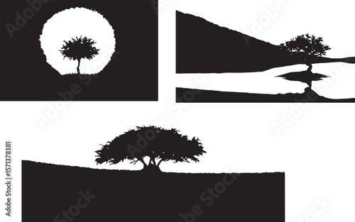 Grunge ink paint brush stroke vector tree silhouette set illustration.
