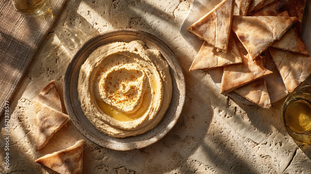 Flat lay of hummus swirl, warm pita triangles, and sun-shadowed table Flat lay of hummus swirl, warm pita triangles, and sun-shadowed table