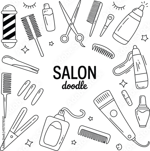 Salon Essentials in Monochrome: A Stylized Vector Illustration Featuring a Central “SALON doodle” Text Surrounded by Core Hairdressing Tools and Products Including Barber Pole, Combs, Brushes, Scissor