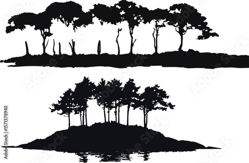 Black vector silhouettes of various trees, including tropical palm and pine, set against a nature-inspired backdrop.