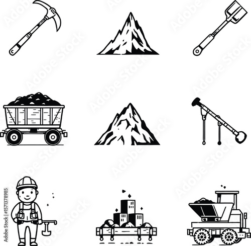 Mining and Construction Elements in Monochrome: A Stylized 3x3 Grid of Icons Representing Core Components of Excavation and Industrial Labor, Featuring a Pickaxe, Mountain, Shovel, Mining Cart, 