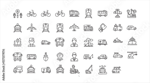 Set of simple line icons representing various modes of transport such as helicopter, bulldozer, and bus.