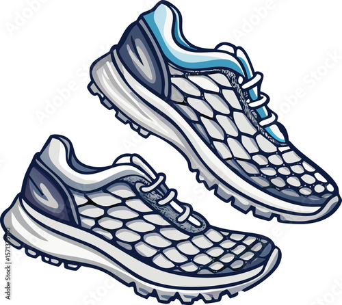 A detailed pair of running shoes with textured soles, perfect for sports and comfort.
