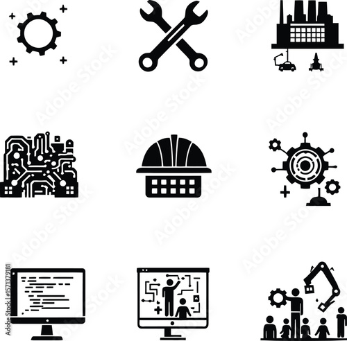 Engineering and Technology Integration in Monochrome: A Stylized 3x3 Grid of Icons Representing Core Elements of Modern Industry, Including Mechanical Gears, Crossed Wrenches, Factory Infrastructure, 