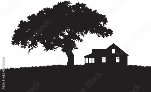 An illustration of a charming home with a tree, depicting an idyllic real estate landscape or a simple house icon against the sky