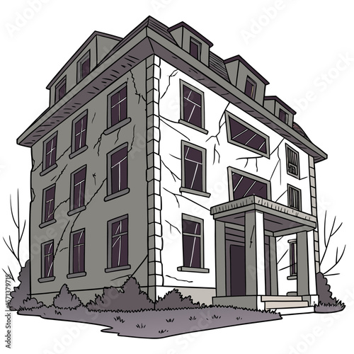 Illustration of a dilapidated three story building with broken windows and overgrown bushes around it