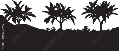 Tropical palm tree silhouettes create a stunning sunset beach illustration, perfect for summer island vacation designs.