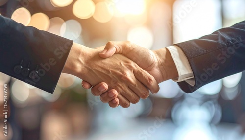 Business Partners Handshake for Successful Contract, Bright Corporate Collaboration / ビジネスパートナーの握手、契約成立と明るい企業コラボレーション