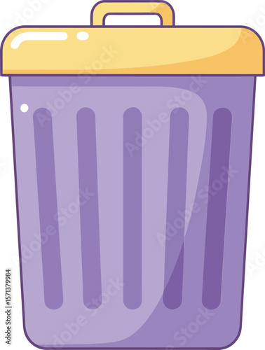 Purple and yellow trash bin with handle isolated on white background simple waste container design