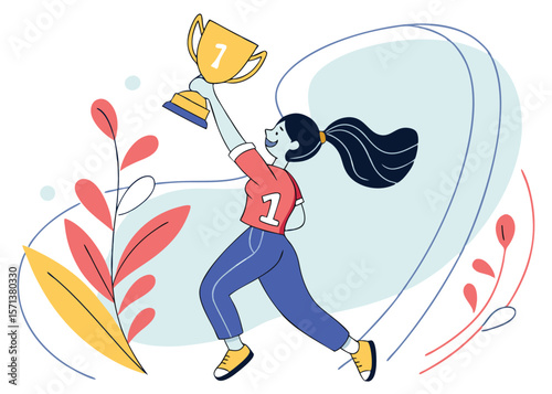 Winning Athlete Vector Illustration of Young Woman in Sportswear Holding Gold Trophy Celebrating Victory