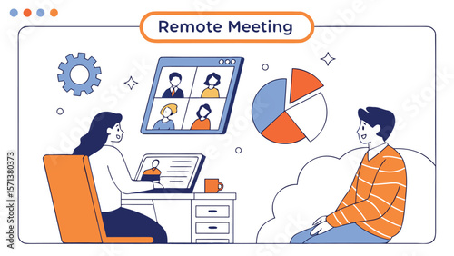 Virtual Meeting and Remote Collaboration with Live Video Call and Data Presentation – Flat Vector Illustration