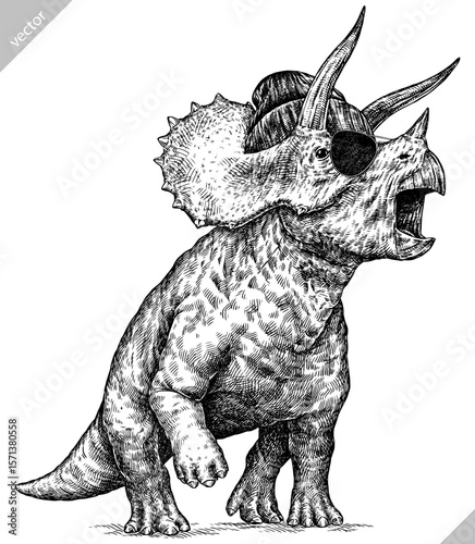 Vintage engraving isolated Triceratops glasses dressed fashion set illustration reptile ink sketch. Dinosaur background silhouette Jurassic sunglasses hipster hat art. Hand drawn vector image