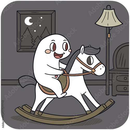 Cartoon illustration of a white figure riding a rocking horse in a room with a lamp and a picture on the wall