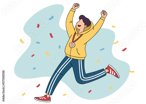 Winning Athlete Vector Illustration of Young Men in Sportswear Celebrating Victory with Gold Medal