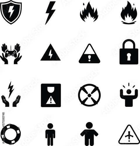 Symbols of Safety and Alert: A Monochrome Grid of Sixteen Stylized Icons Representing a Spectrum of Protective and Cautionary Themes Including Electrical Hazards, Fire Warnings, Security Measures, Gam