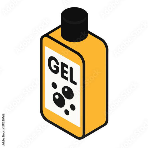 Shower Gel Bottle Isometric Icon, Plastic, Yellow & Black, Transparent Background