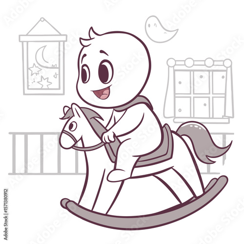 A cartoon baby riding a rocking horse with a window and a picture frame in the background in a room scene