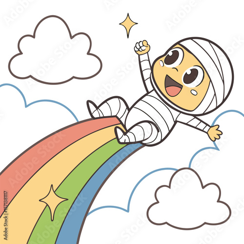 A cartoon mummy joyfully slides down a vibrant rainbow amidst fluffy clouds and a twinkling star above