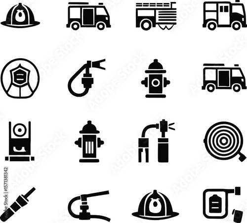Firefighting Essentials in Monochrome: A Grid of Sixteen Stylized Icons Depicting Core Elements of Fire Safety and Rescue Including Helmets, Hydrants, Extinguishers, Trucks, and Hoses, Designed in Bol