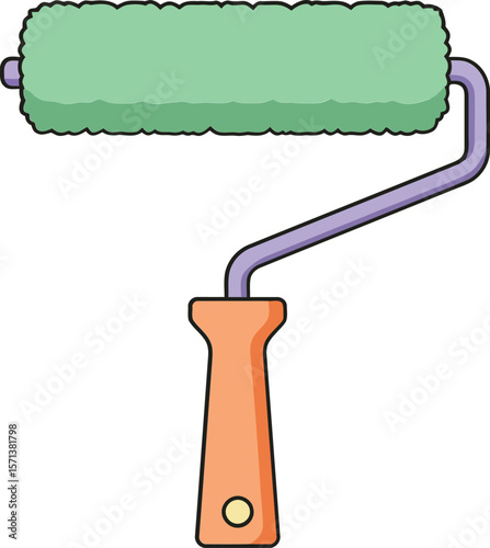 Paint roller with green foam and orange handle isolated on white background illustration