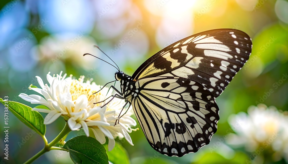 Fototapeta premium Butterfly on white flower, bokeh background