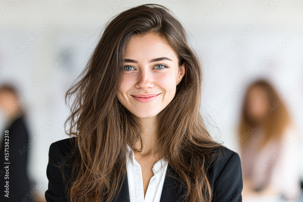 Fototapeta premium A confident young woman with long brown hair smiles warmly, dressed in a professional black blazer and white shirt, standing in a blurred office background.