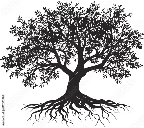 Nature's artful design: a black vector tree silhouette with detailed branches and leaves, perfect for any season illustration.