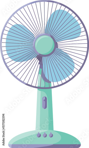 Electric desk fan with blue blades and mint green base in simple style for home cooling