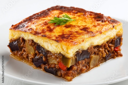 Vegetarian moussaka slice presented on a clean white background showcasing layers of eggplant, lentils, and creamy topping