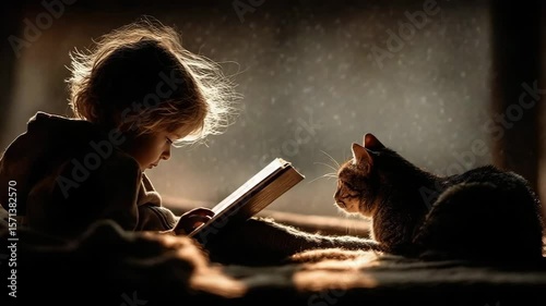 cozy reading with cat in warm light reading with cat and bedtime reading with cat, cozy reading
,bedtime story, child cat