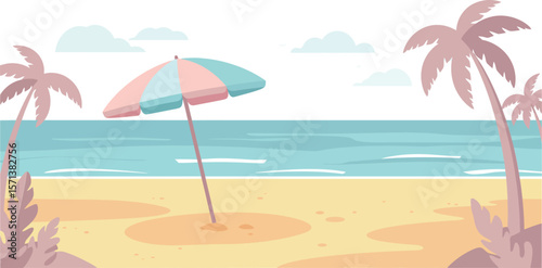 Beach scene with colorful umbrella palm trees and calm ocean waves in soft pastel colors