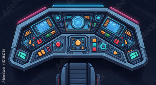 Fototapeta Naklejka Na Ścianę i Meble -  Detailed illustration of a spaceship's control panel with various buttons, screens, and a pilot's chair.