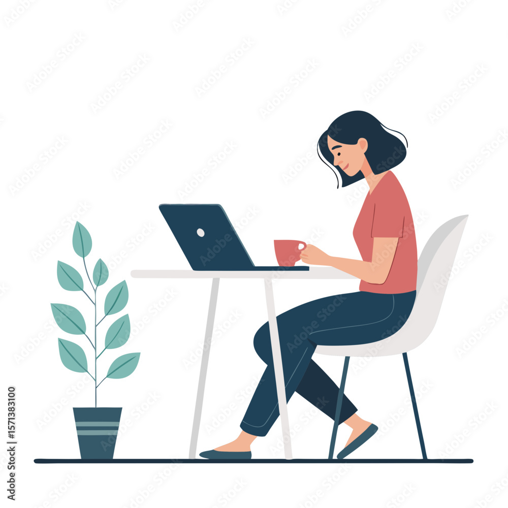 Woman working from home on laptop with coffee vector illustration remote work and lifestyle design is great 100 on transparent background Woman working from home on laptop with coffee vector illustration remote work and lifestyle design is great 100 on transparent background