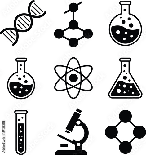 Scientific and Laboratory Silhouettes Featuring Nine Black Icons of DNA Helix, Molecular Structures, Round-Bottom Flasks, Conical Flask, Test Tube, Atomic Symbol, and Microscope Arranged in Grid Layou
