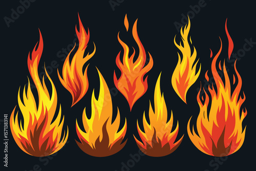 Warm, fiery vector illustration of burning orange and red fire flames on a black background, a hot symbol of heat and danger