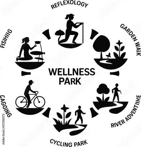 Wellness Park Activities Silhouettes Featuring Six Black Icons of Reflexology, Garden Walk, River Adventure, Cycling Park, Caging, and Fishing Arranged in Circular Layout for Outdoor Recreation, Healt