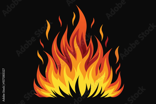 Blazing fiery orange and red flames on a black background