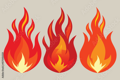Set of fiery flames vector illustration with hot orange and red elements, a powerful symbol of heat and danger