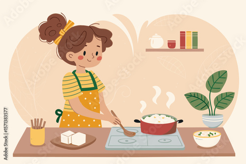 A vector illustration of a cheerful girl with messy hair cooking rice and tofu. Kitchen setting. Food art.