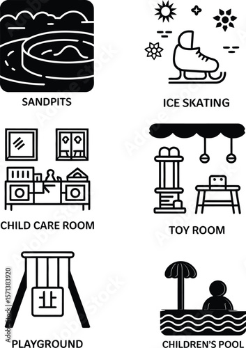 Children’s Recreational and Care Facility Silhouettes Featuring Six Black Icons of Sandpit, Ice Skating, Child Care Room, Toy Room, Playground Swing, and Kids’ Pool Arranged in Grid Layout for Early C