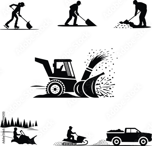 Snow Removal and Winter Equipment Silhouettes Featuring Seven Black Icons of Shoveling, Snow Pushing, Snow Blowing, Plowing, Snowmobiling, and Truck Transport Arranged in Grid Layout for Seasonal, Out