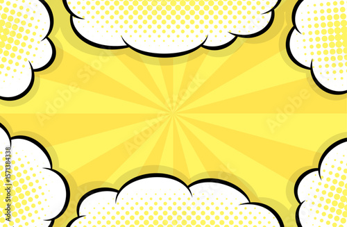 Cartoon-like pop and bright sunburst and clouds background. An eye-catching American comic book-like pop background with impactful concentrated yellow lines.