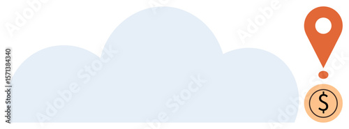 Cloud shape with orange location pin and dollar coin emphasizes data storage, navigation, and money themes. Ideal for technology, innovation, business strategies, logistics, fintech, marketing