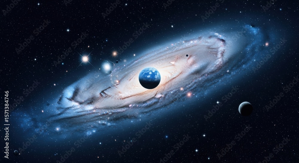 Obraz premium A conceptual image of Planet Earth centered within a massive spiral galaxy, with other planets nearby. A symbolic representation of humanity and the cosmos.
