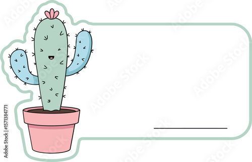 Cute cartoon cactus plant with pink flower in terracotta pot and empty label for text or message