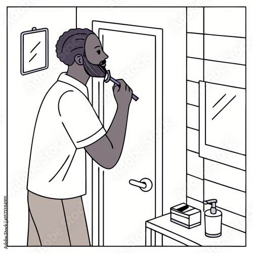 Man Shaving Beard in Minimalist Bathroom Illustration