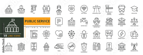 Minimalist Public Service line icons set with editable stroke, featuring governance, catedrals, atm, public toilet, hospital, stadion, police, wifi, parking park, no smoke. thin linear illustration.