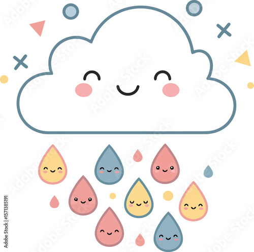 Cute smiling cloud with colorful raindrops rain illustration in pastel colors cheerful weather design